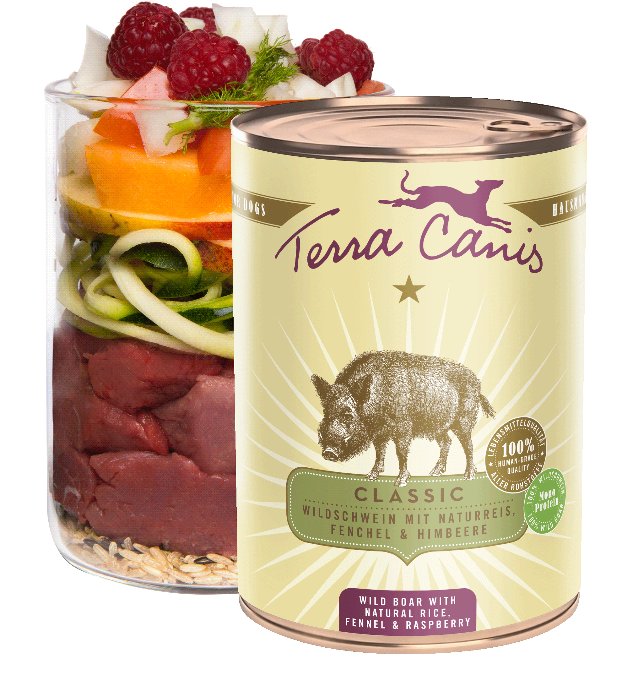 Wild boar with natural rice, fennel and raspberry